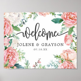 Rödnande sommarblommig välkomstskylt för bröllop poster