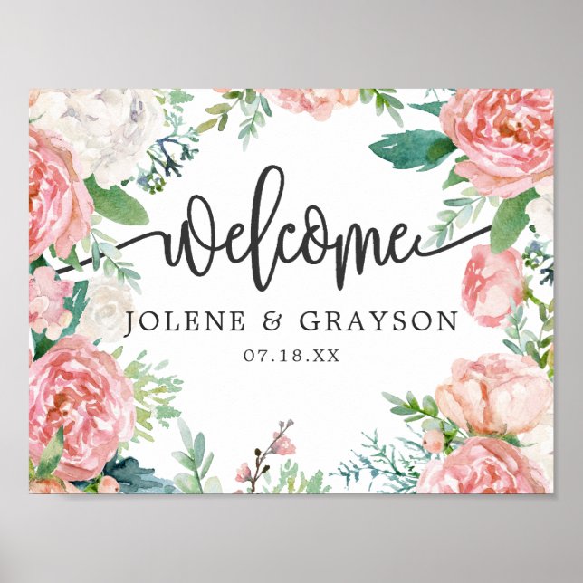 Rödnande sommarblommig välkomstskylt för bröllop poster (Framsidan)