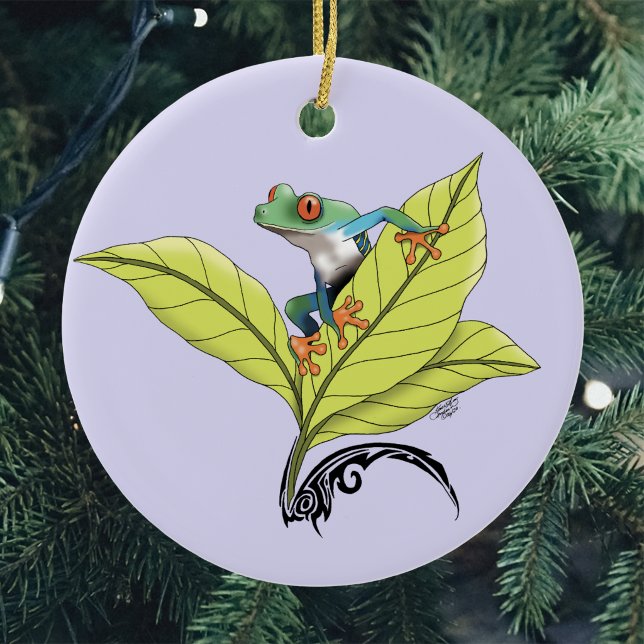 Rödögd Trädgrodor Gröna blad Lavendel Julgransprydnad Keramik (Skapare uppladdad)