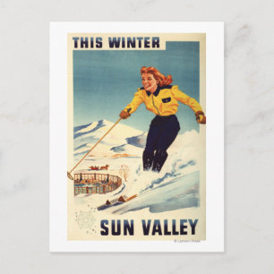 Rödövda kvinnor som log och Skiing Poster Vykort