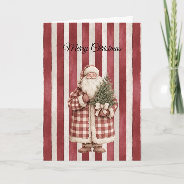 Rödrandig jul-tomte med träd kort (Framsida)