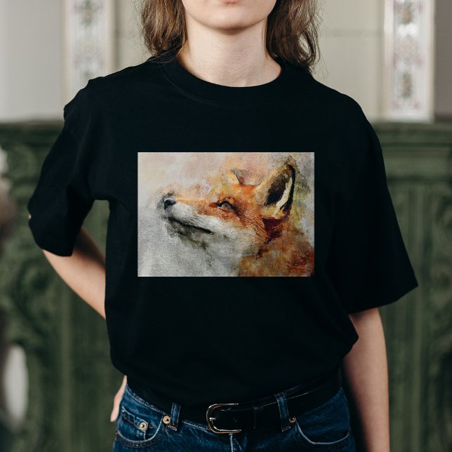 Rödräv Akvarellporträtt 01 T Shirt (Red Fox Watercolor Portrait 01. Women Basic Black T-Shirt)