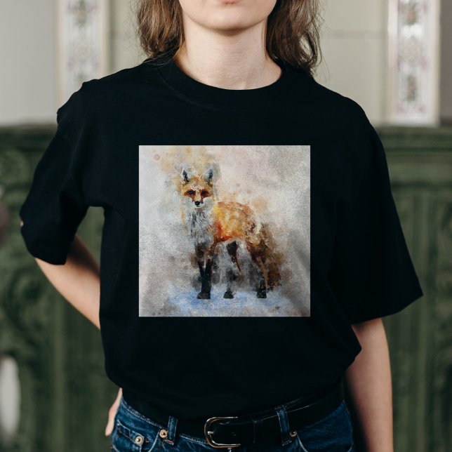 Rödräv Akvarellporträtt 02 T Shirt (Red Fox Watercolor Portrait 02. Women Basic Black T-Shirt)