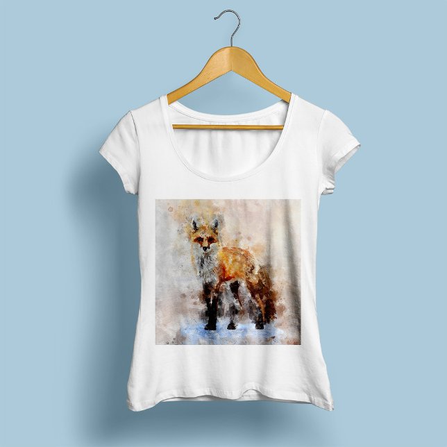 Rödräv Akvarellporträtt 02 T Shirt (Red Fox Watercolor Portrait 02. Women Basic White T-Shirt)