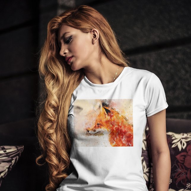 Rödräv Akvarellporträtt 03 T Shirt (Red Fox Watercolor Portrait 03. Women Basic White T-Shirt)