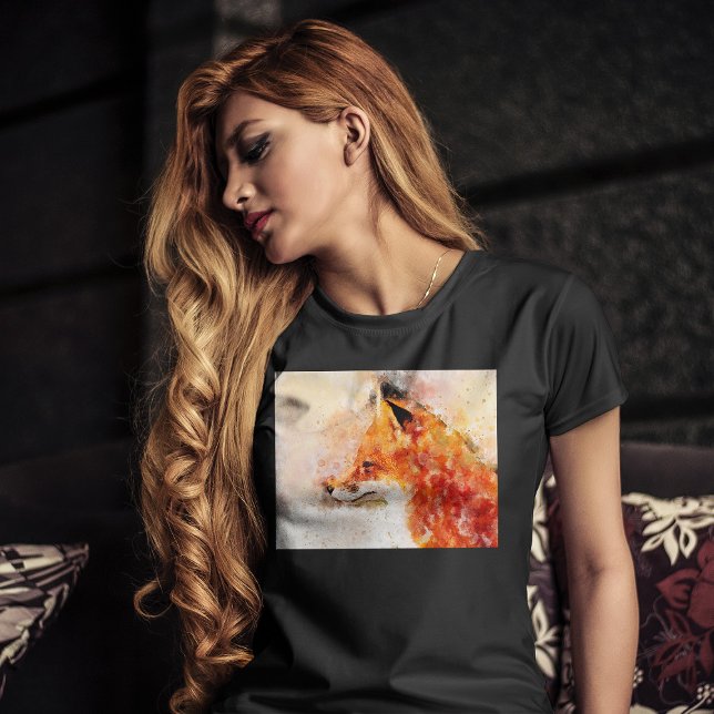 Rödräv Akvarellporträtt 03 T Shirt (Red Fox Watercolor Portrait 03. Women Basic Black T-Shirt)