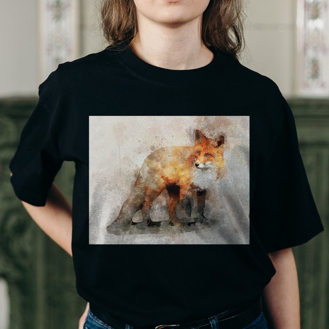 Rödräv Akvarellporträtt 04 T Shirt (Red Fox Watercolor Portrait 04. Women Basic Black T-Shirt)
