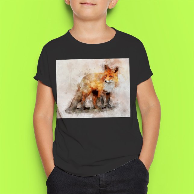 Rödräv Akvarellporträtt 04 T Shirt (Red Fox Watercolor Portrait 04. Boy Basic Black T-Shirt)