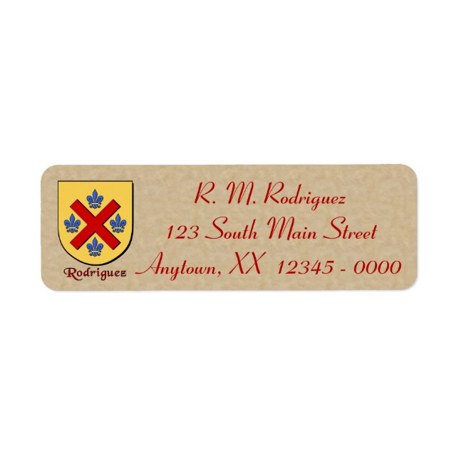 Rodriguez Heraldic Shield Returadress Etikett (Framsidan)