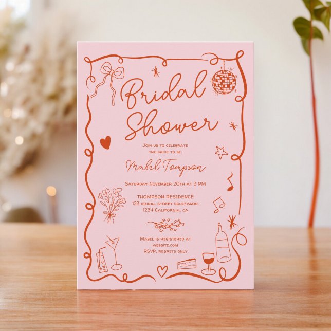 Rödritad möhippa i Retro rosa med handritad rityta Inbjudningar (Retro pink red hand drawn illustrated bridal shower invitation)