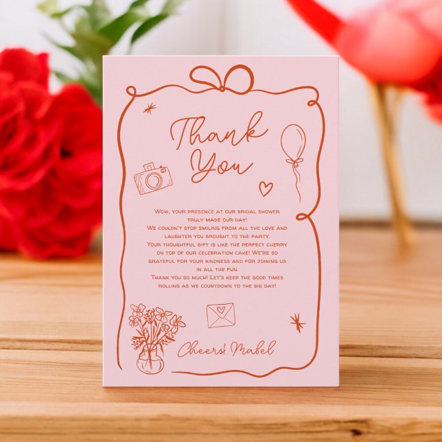 Rödritad möhippa i Retro rosa med handritad rityta Tack Kort (Retro pink red handdrawn illustrated bridal shower thank you card)