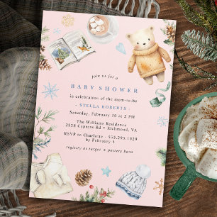 Rodröd Cute Watercolor Vinter Tjej Baby Shower Inbjudningar