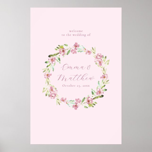 Rödrosa botanisk krans Bröllop Välkomstskylt Poster (Framsidan)