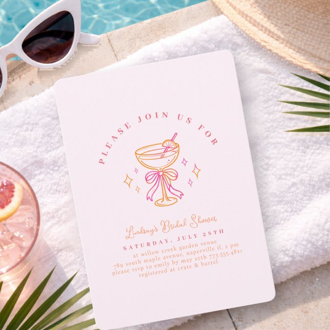 Rödrosa Cocktail Bröllopsfest Båge Inbjudningar (Yellow Pink Cocktail Bridal Shower Bow Invitation)