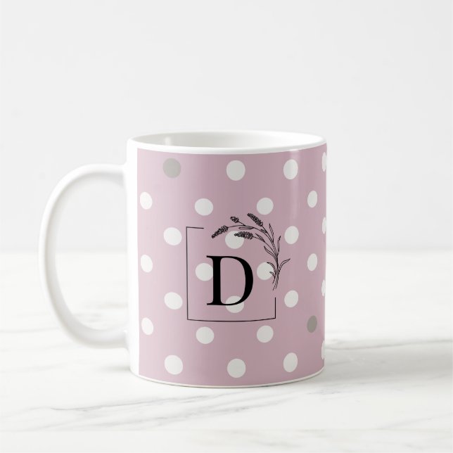 Rödrosa & Elfenbensvita Polka Prickig Monogram Kop Kaffemugg (Vänster)