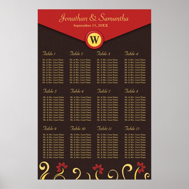 Rödrosa Gult Swirls Bord Sittdiagram 12 Poster (Framsidan)