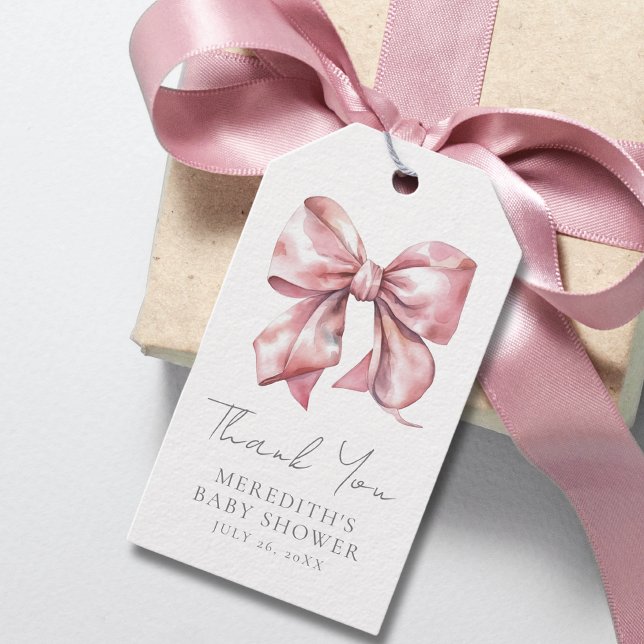 Rödrosa rosett babyfest presentetikett (Pink Bow Baby Shower Thank You Gift Tags)