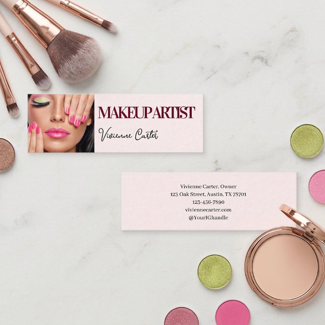 Rödrosa Svart Script Foto Smink Mini Visitkort (Makeup Artist Blush Pink Business Card with Photo)