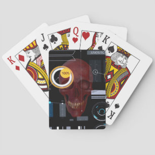 Rödskalle bakom genomskinliga skärm-hackare casinokort