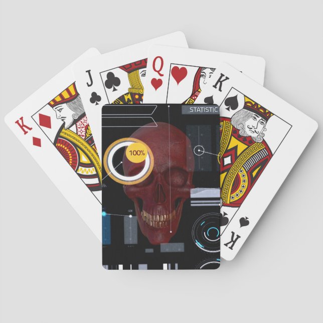 Rödskalle bakom genomskinliga skärm-hackare casinokort (Baksidan)