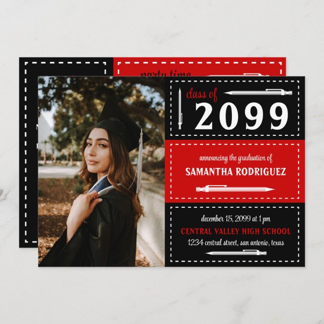 Rödspetsar och svarta prickor och pennor Studenten Inbjudningar (Fram/baksida)