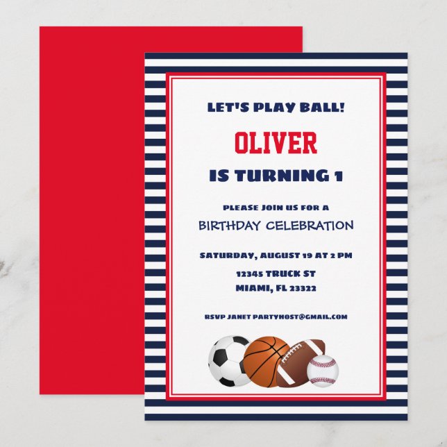 Rödsporter och blåsporter med strimlad födelsedags inbjudningar (Fram/baksida)