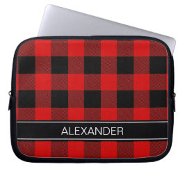 Rödsvart Buffalo-kontroll Plaid Namn Monogram Laptop Sleeve