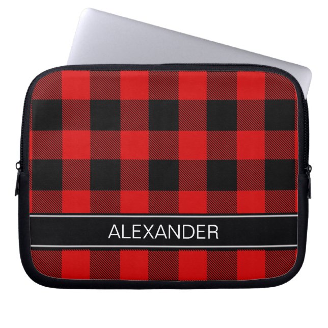 Rödsvart Buffalo-kontroll Plaid Namn Monogram Laptop Sleeve (Framsidan)
