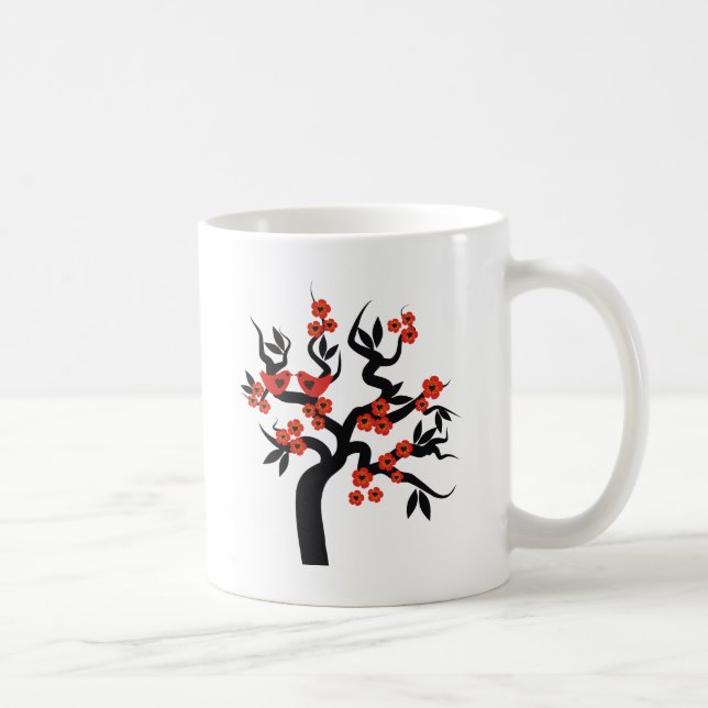 Rödsvart Love birds sakura körsbär träd & Blommar Kaffemugg (Höger)