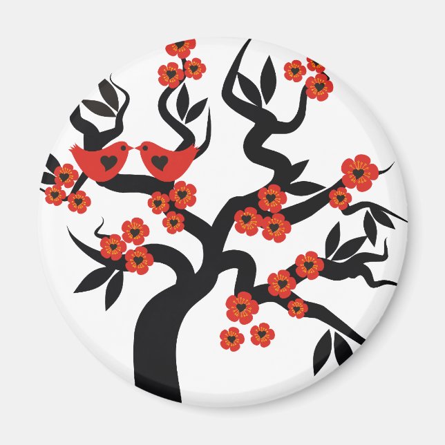 Rödsvart Love birds sakura körsbär träd & Blommar Magnet (Framsidan)