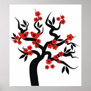Rödsvart Love birds sakura körsbär träd & Blommar Poster