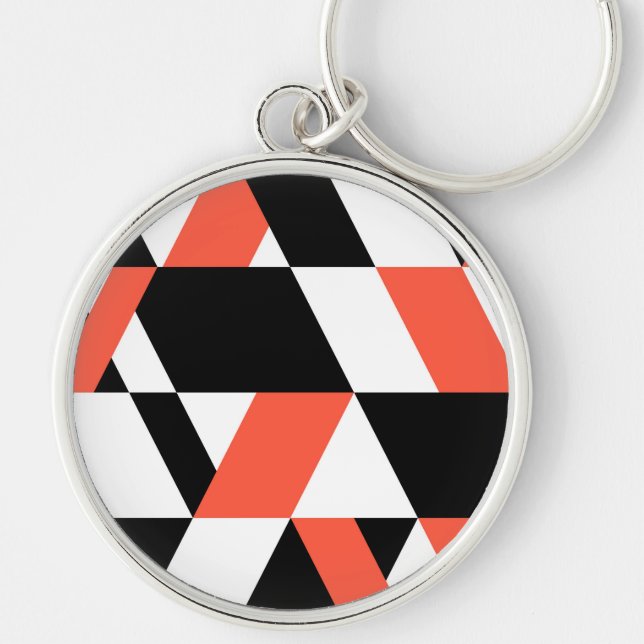 Rödsvart, modern, trendig, stadens geometriska utf rund silverfärgad nyckelring (Framsidan)