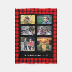 Rödsvart plaid-familjens monogramfotokollage fleecefilt