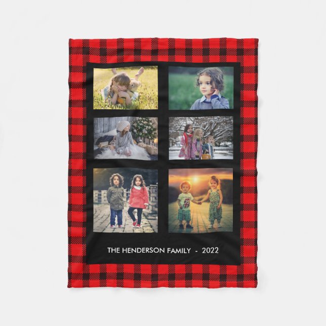 Rödsvart plaid-familjens monogramfotokollage fleecefilt (Framsidan)