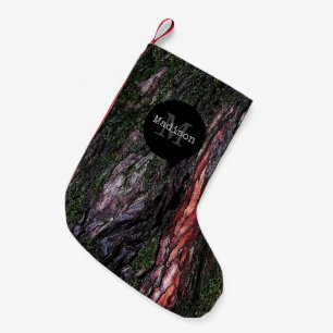 Rödsvart träd-mossy-träbark Monogram Liten Julstrumpa