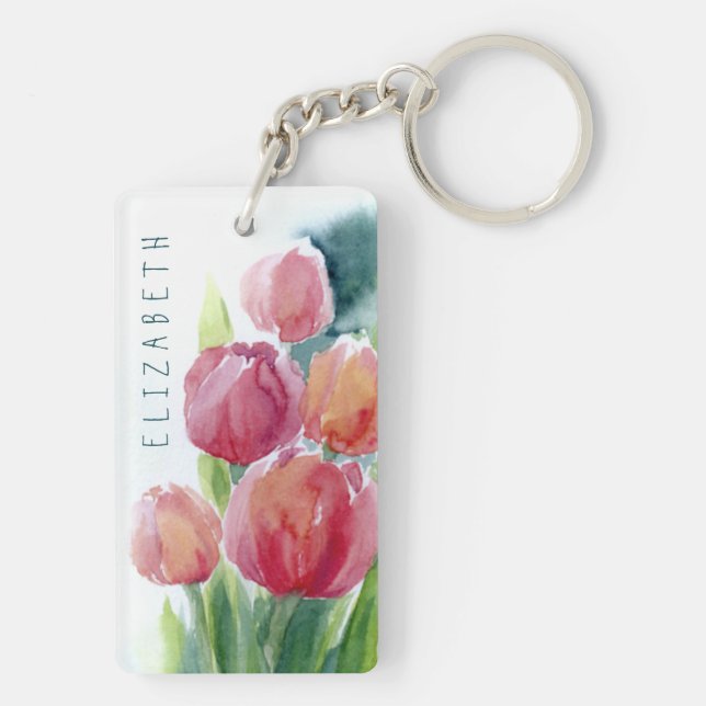 Rödtulpaner med vattenfärg vår blommar nyckelkedja (Baksidan)