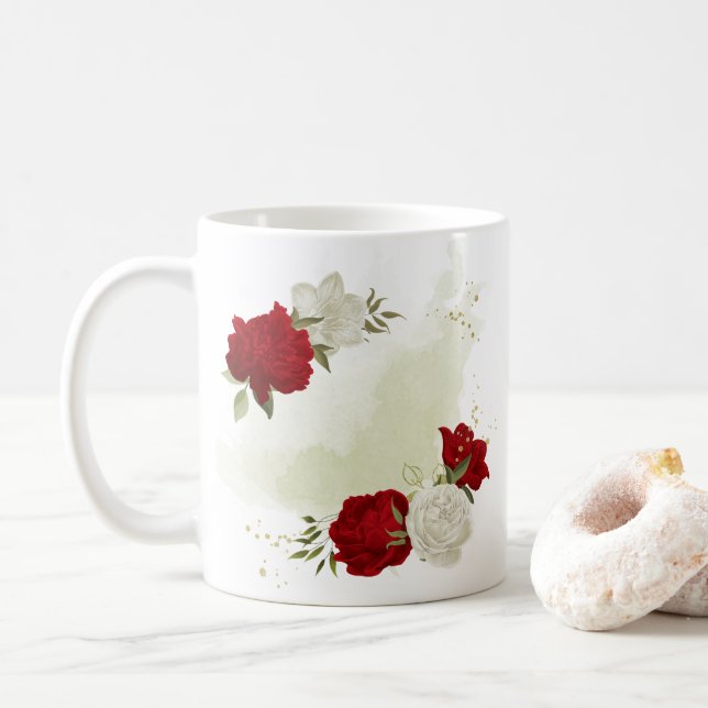 Rödvit blommigt greenery kaffemugg (Med munk)