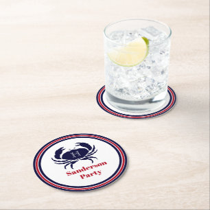 Rödvit krabba i sjön Nautical monogram Underlägg Papper Rund