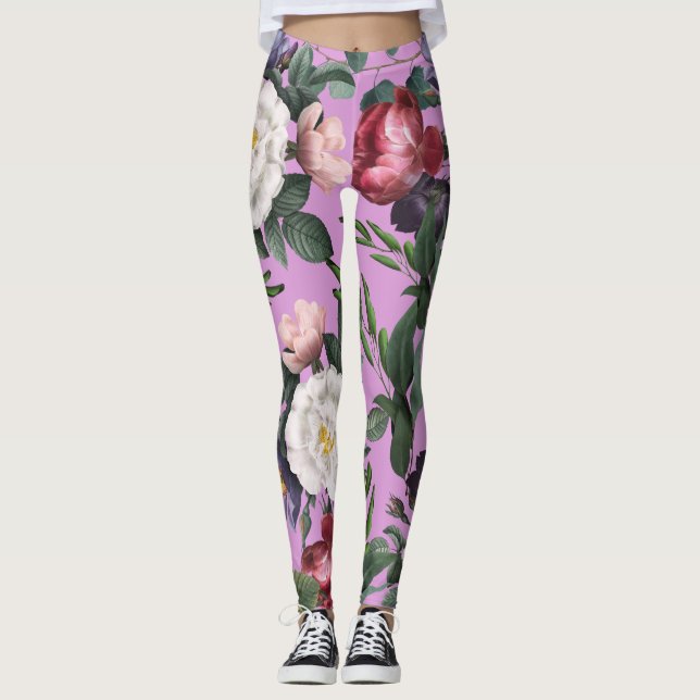 Rödvit ro sommarboho lyxur lila leggings (Framsida)
