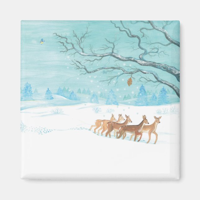 Roe Hjort i Winter Woodland Covered från Snö Magnet (Framsidan)