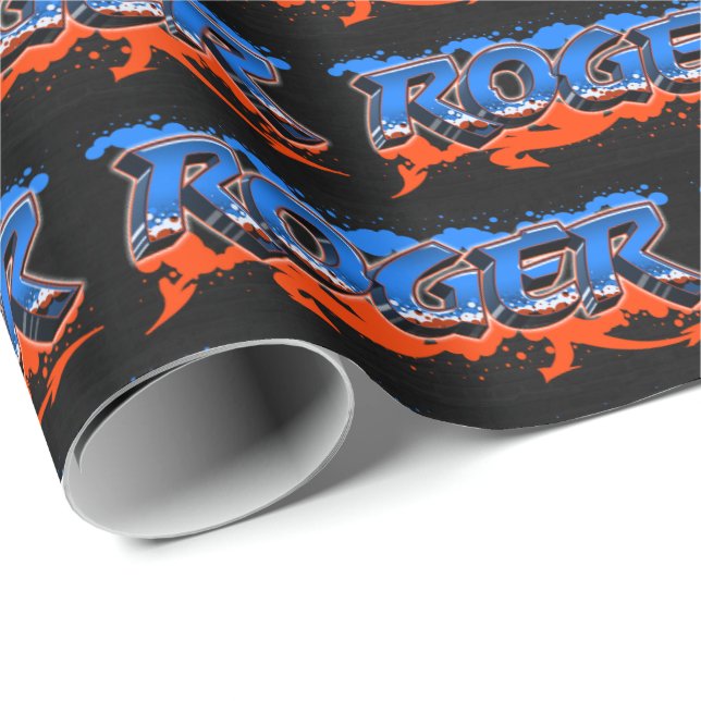 Roger Vorname Name Graffiti blue orange Presentpapper (Rullad Hörn)
