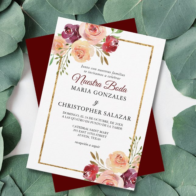 Roja Oro Flores Boda Elegante Spanska Bröllop Inbjudningar (Skapare uppladdad)