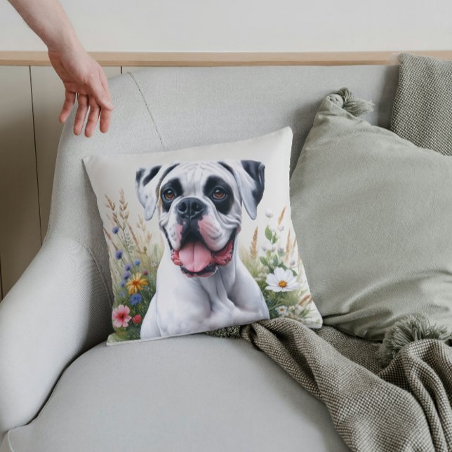 Rojalitetsfull vit boxerhund i blommor kudde (Skapare uppladdad)