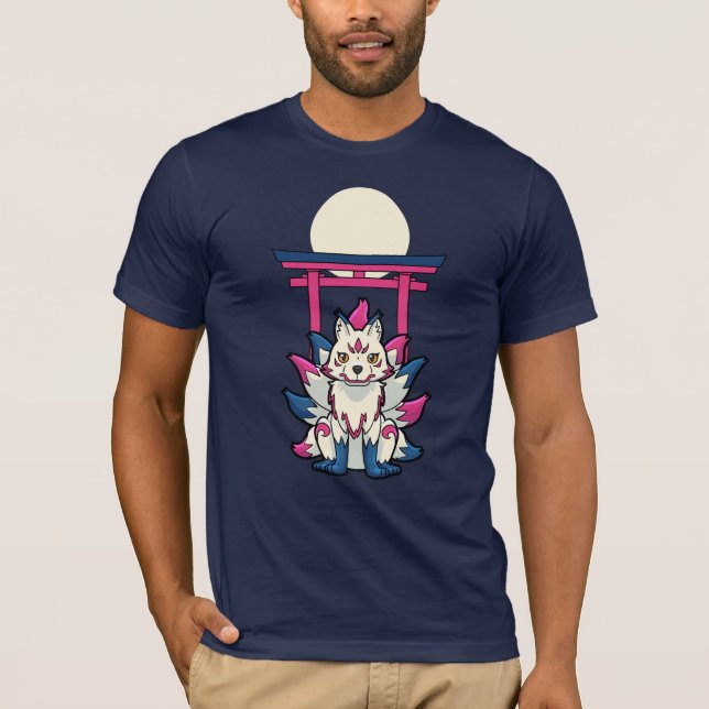 Röjd Nine-Tailed Kitsune Fox- Rolig Yokai T Shirt (Framsida)