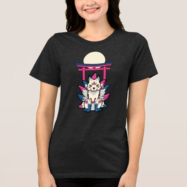 Röjd Nine-Tailed Kitsune Fox- Rolig Yokai T Shirt (Framsida)