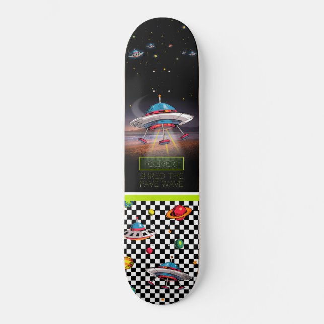 Rojlig flygande skål med planeter mini skateboard bräda 18,5 cm (Framsida)