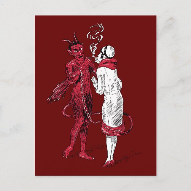 Röka för för vintagedjävulen och kvinna vykort (Framsida)