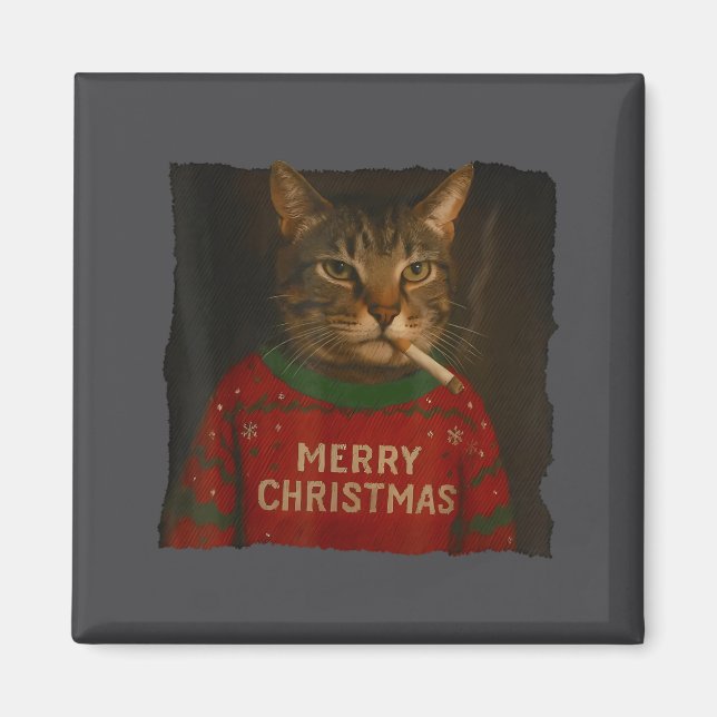 Rökande katt cigarett jul tomte hatt katt meme magnet (Framsidan)
