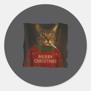 Rökande katt cigarett jul tomte hatt katt meme runt klistermärke