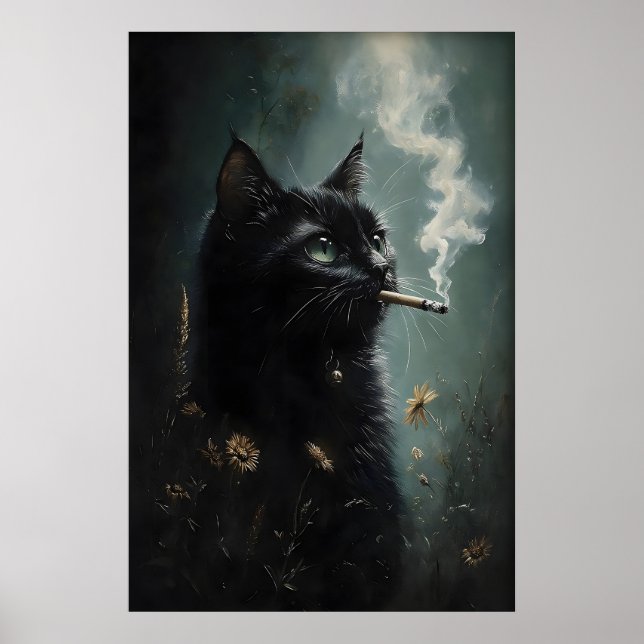 Rökande svart katt blomma affisch, Dark Academia Poster (Framsidan)